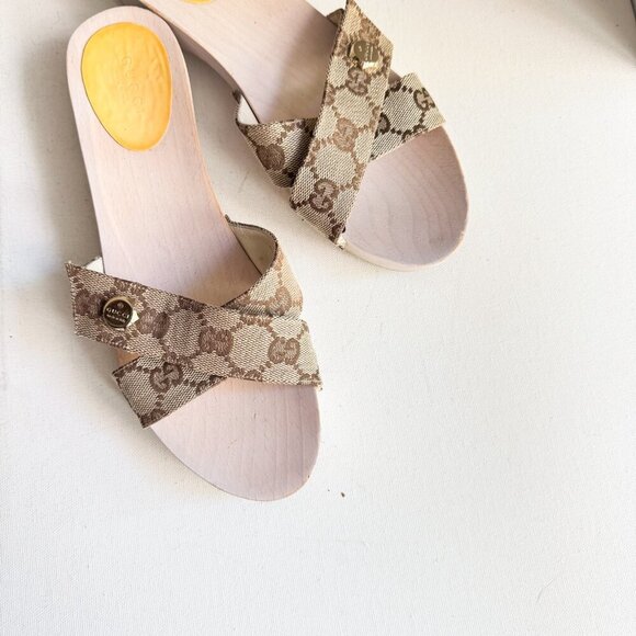 Gucci Canvas Monogram Wood Sole Clog Sandals 37 - Picture 16 of 16